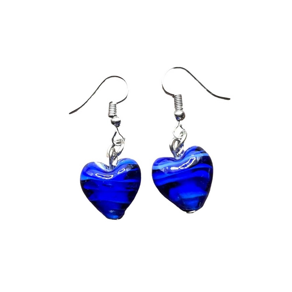 Hand blown dark blue heart hook earrings.
